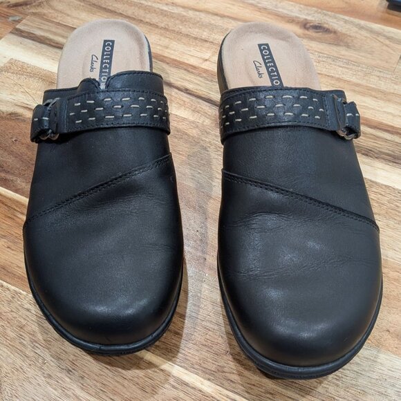 Clarks Collection Leisa Sadie Black Leather Mule Size 7.5 Comfort Slip On Career - Picture 2 of 9